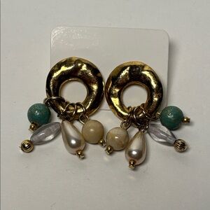Vintage Gold Tone Hoop  Cream and Green Beaded Dangle Earrings